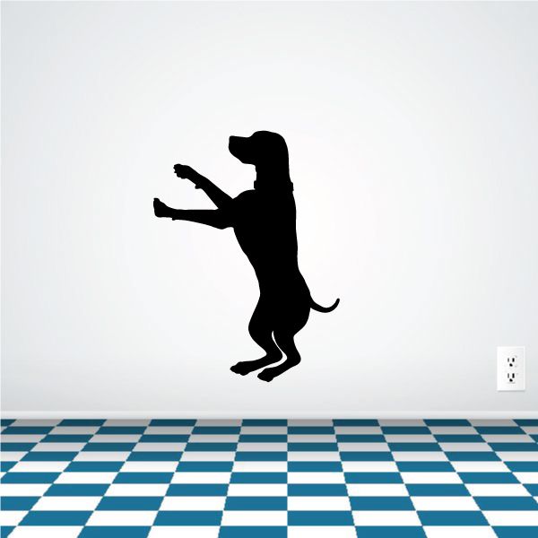 Dancing coonhound decal with black dog silhouette, hopping pose