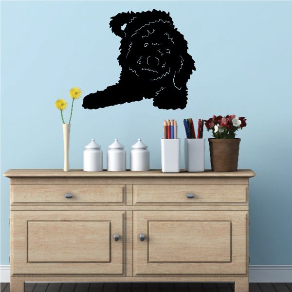 Black Labradoodle wall decal with floppy ears, wagging tail, and tongue out.