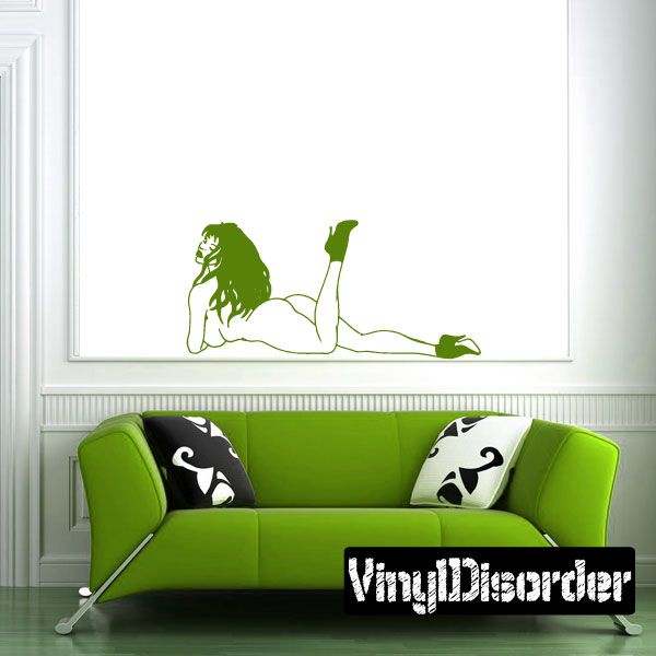 Wall decal of playful nude woman in heels, dark green silhouette