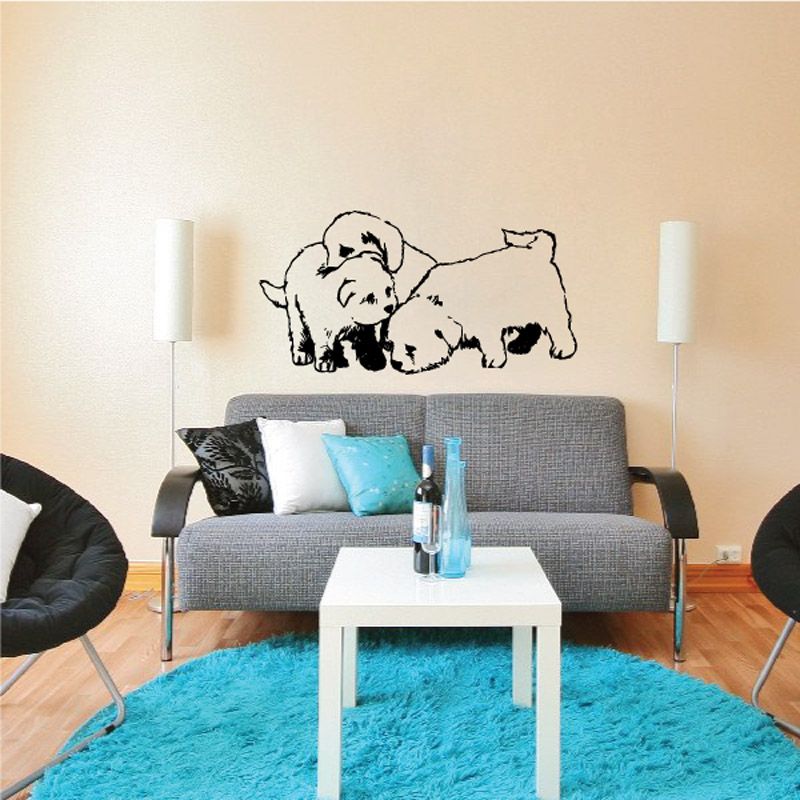 Puppy parade wall decal with three black-and-white dogs