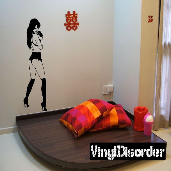 Playful lingerie and heels woman silhouette decal with dark outline