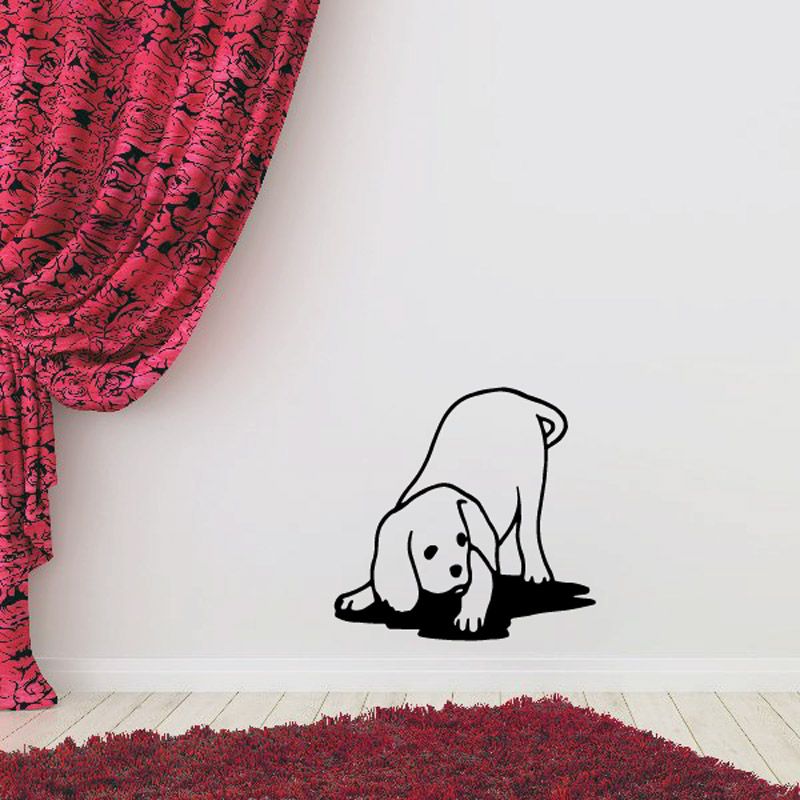 Playing puppy wall decal, black outline of puppy lying down with paws forward