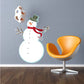 Snowman sticker with red scarf and green hat, white body and orange carrot nose