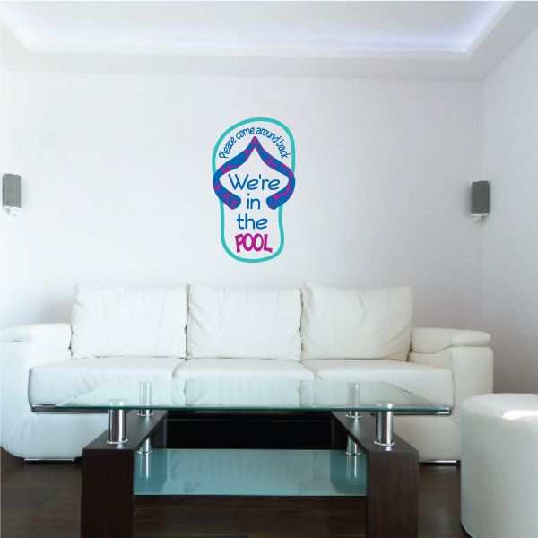 Round pool decal with blue and teal border and text "We're in the POOL"
