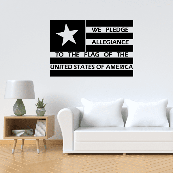 United States flag decal with white star and pledge text in black and white