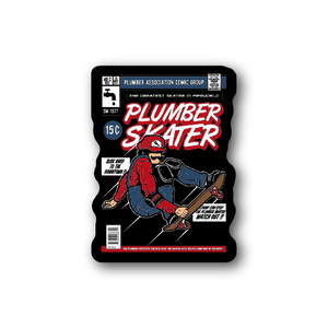 Vinyl sticker with plumber skater in red shirt and blue pants on skateboard