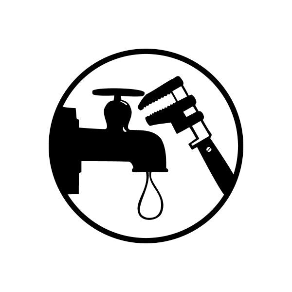 Plumbing decal: black circular silhouette of a faucet and wrench