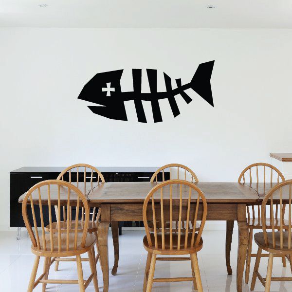 Black fish skeleton wall decal with large eye detail