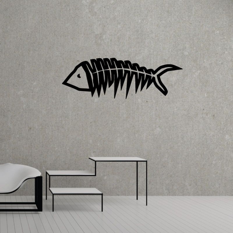 Black pointed fish skeleton wall decal with spined ribcage and tail