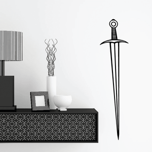 Pointed sword wall decal in black outline, detailed guard and long blade