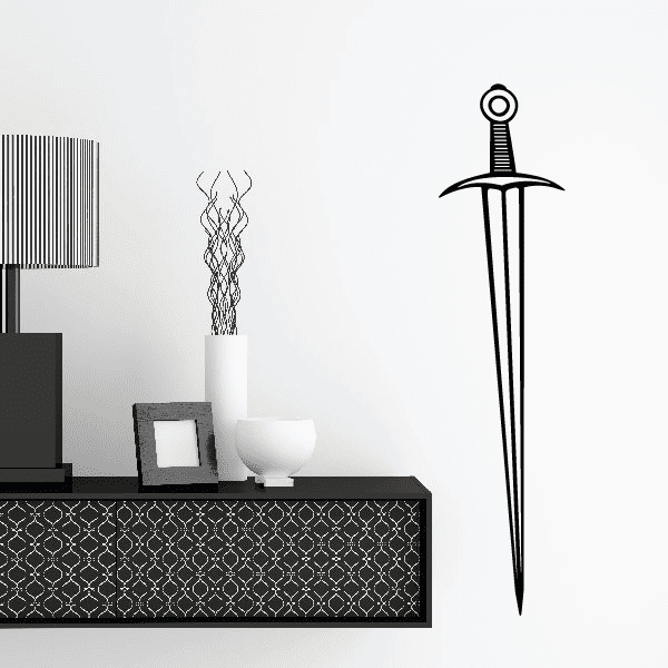 Pointed sword wall decal in black outline, detailed guard and long blade