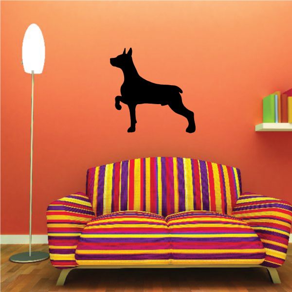 Pointing Doberman Pinscher decal, black dog silhouette standing with front paw raised.