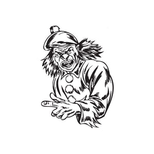 Pointing clown golf hat decal, black-and-white line art graphic