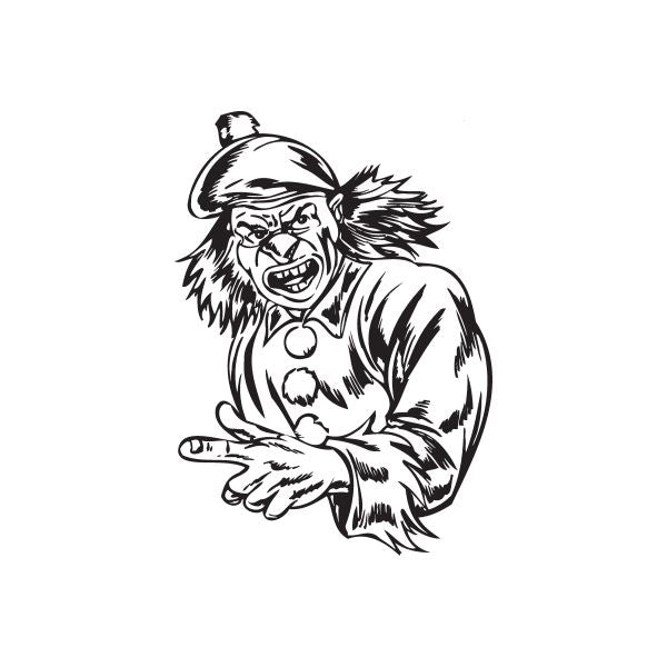 Pointing clown golf hat decal, black-and-white line art graphic