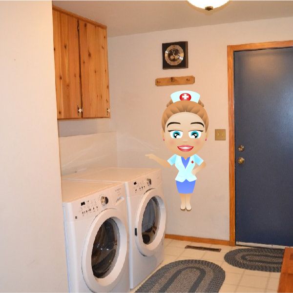 Pointing nurse cartoon sticker with blue uniform and red cross hat