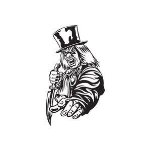 Black-and-white clown pointing top hat decal with knife