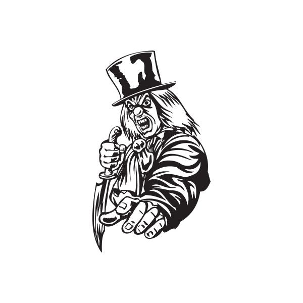 Black-and-white clown pointing top hat decal with knife