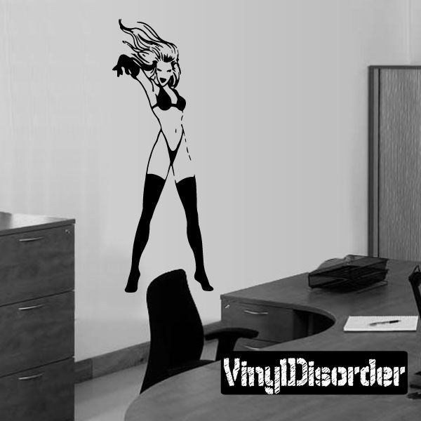 Woman pointing bikini decal with thigh-high stockings, black and white
