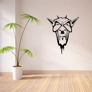 Devil head decal with pointed horns, open mouth, black-and-white graphic
