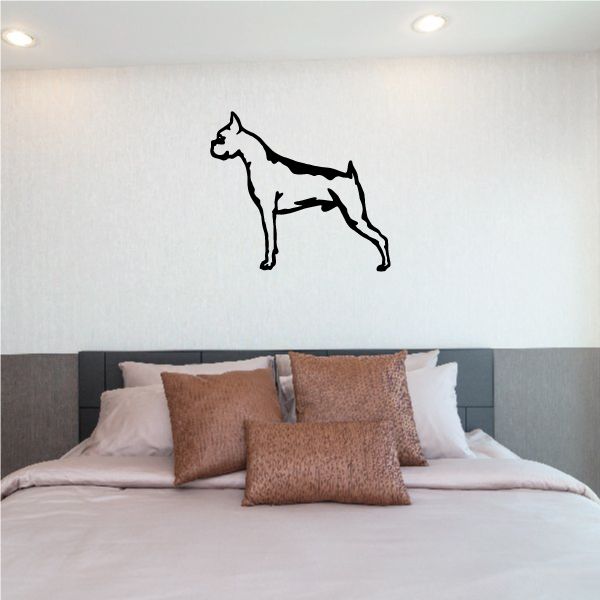 Boxer dog decal with pointy ears, black outline of standing dog