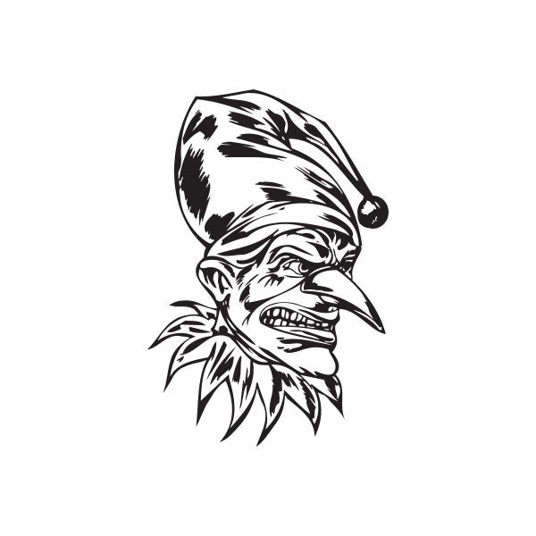 Goblin jester decal of a black-and-white laughing face with pointed nose and hat