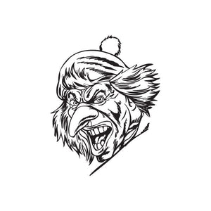 Clown head decal with pointy nose and wild hair, black-and-white line art