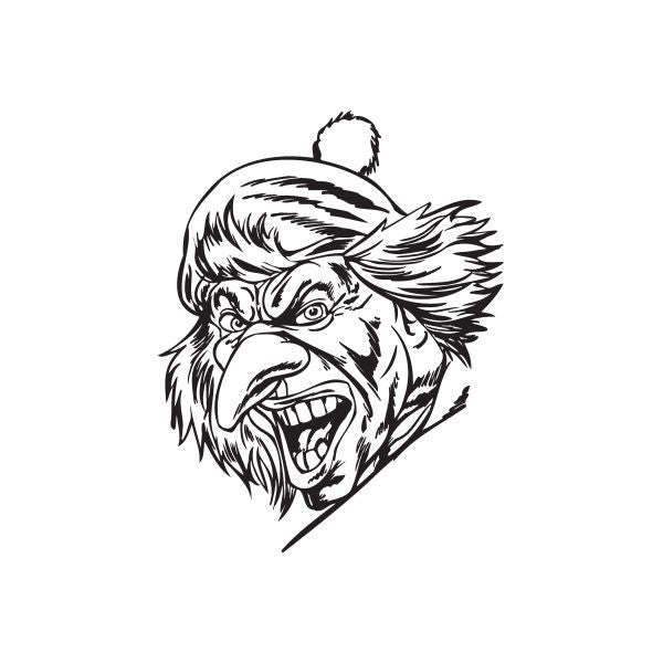 Clown head decal with pointy nose and wild hair, black-and-white line art