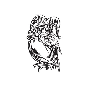 Pointy nose jester face decal, black-and-white line art