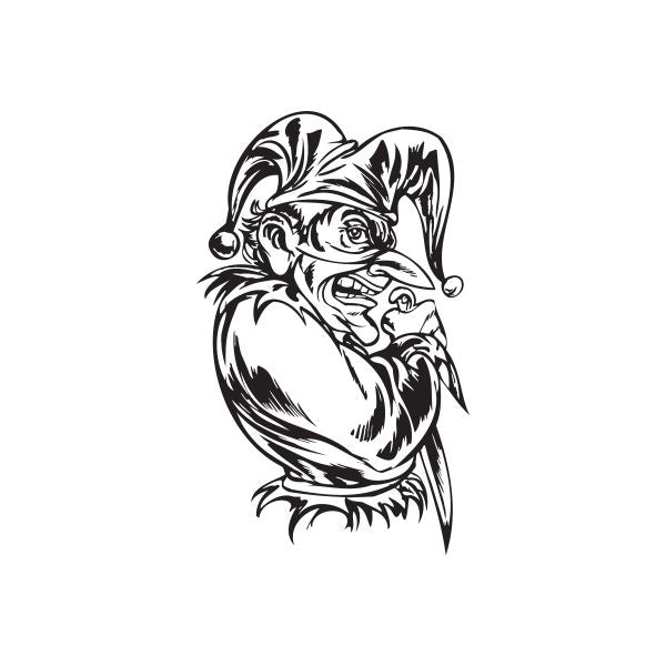 Pointy nose jester face decal, black-and-white line art