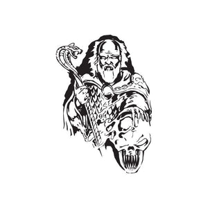 Poison wizard decal: black-and-white skull-faced wizard holding staff