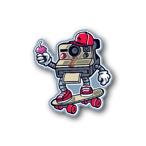 Colorful vinyl sticker of a robot astronaut skateboarding with red sneakers
