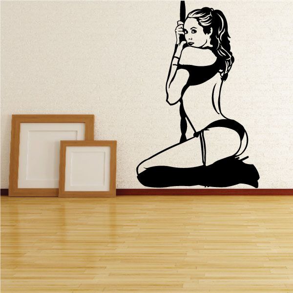 Pole dancer detail decal of a black silhouette kneeling with arms raised
