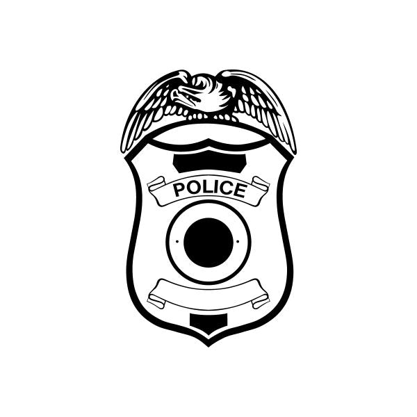 Police badge decal with eagle, POLICE banner, and circular emblem in black outline.