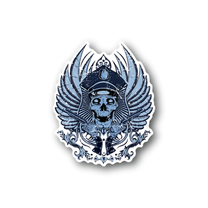 Vinyl skull sticker with blue police-style cap and spread wings