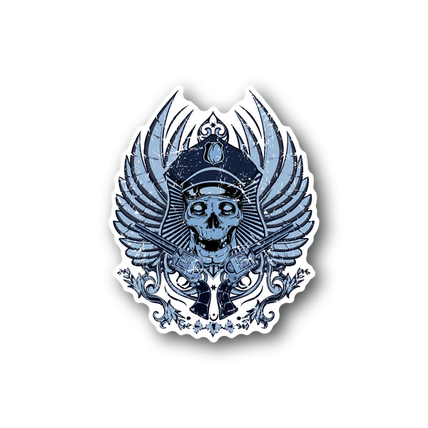 Vinyl skull sticker with blue police-style cap and spread wings