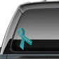 Teal awareness ribbon vinyl sticker on a window with white cursive text