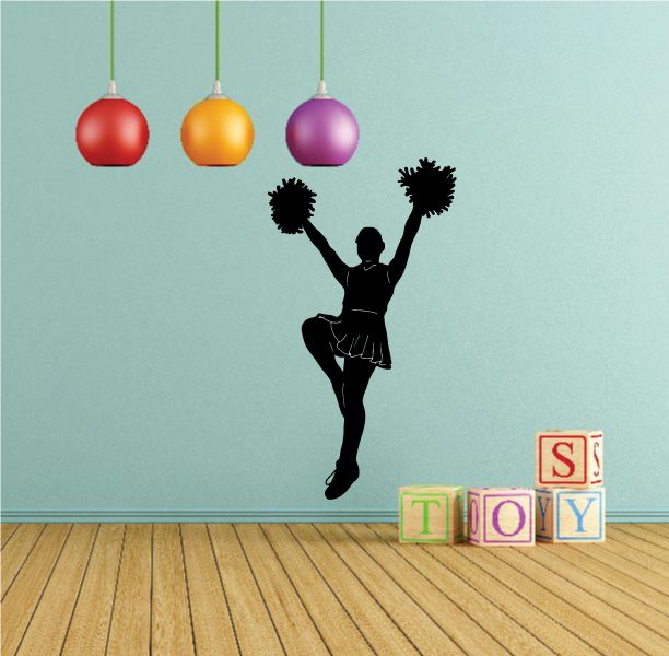 Cheerleader pom pom decal, black silhouette with arms raised