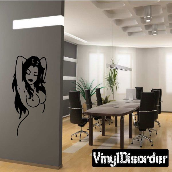 Pondering nude woman wall decal, black silhouette profile with hands on head