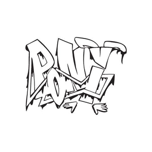 Graffiti-style pony decal with black outlines and white fill