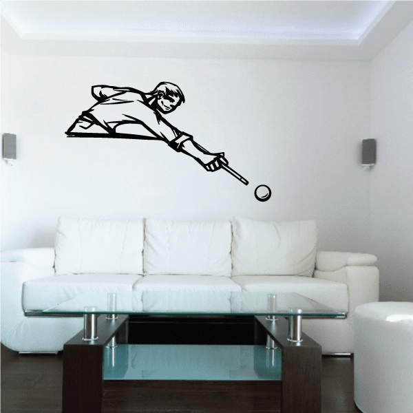 Pool player aiming decal with black line art of a person holding a cue stick