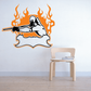 Pool table flaming demon player decal with orange flames and cue stick, white and black player