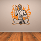 Pool table player flaming decal: orange flame outline with cue-holding player