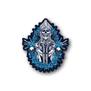 Vinyl sticker with skull pope grim reaper and blue flame halo wreath
