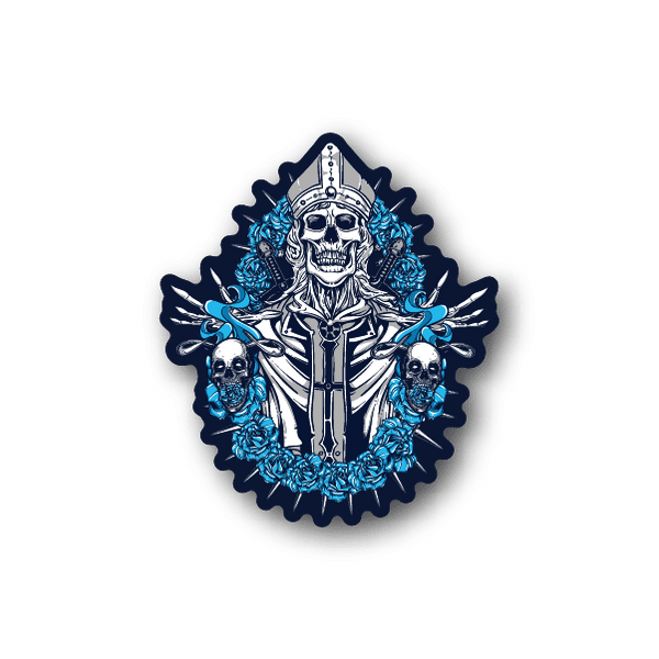 Vinyl sticker with skull pope grim reaper and blue flame halo wreath