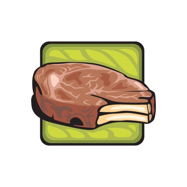 Pork chop sticker with cartoon pork chop and bone on green square