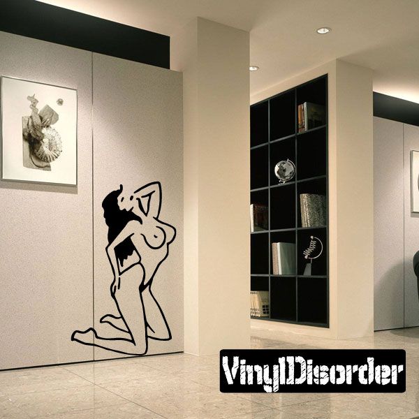 Pinup woman decal sticker, black silhouette on light wall