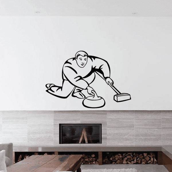 Curling player wall decal, seated sliding athlete with broom and stone