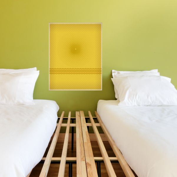 Square yellow vinyl wall decal with dotted texture and subtle horizontal stripes