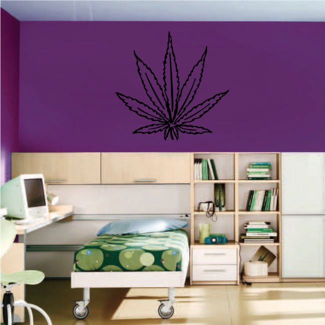 Pot leaf wall decal, black outline cannabis leaf design