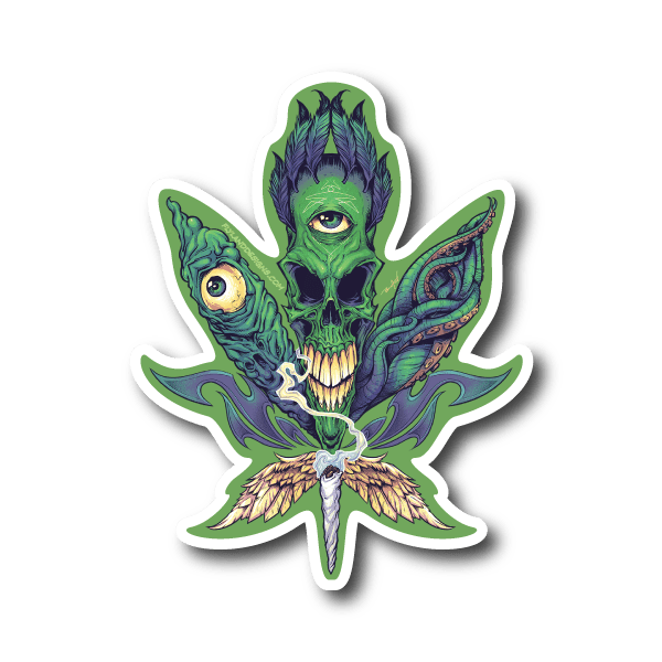 Pot leaf vinyl sticker with green skull and blue tentacles